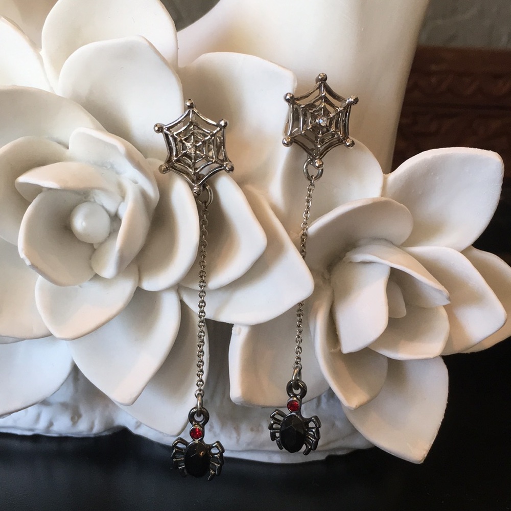 Dangle spiderweb and jeweled spider earrings
